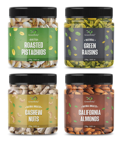 GreenFinity Premium Dry Fruit Combo (1kg)  ||  Almonds, Cashews, Pista, Raisin (250g -Pack of 4)