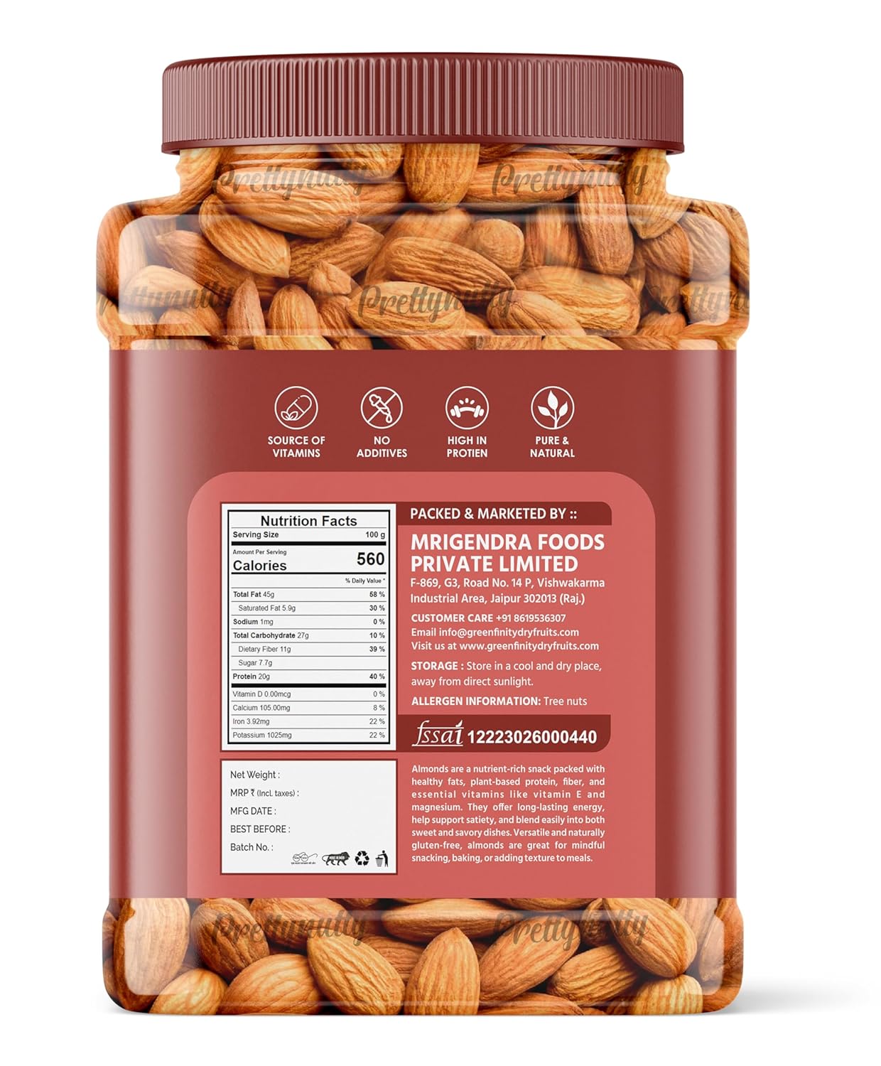 PrettyNutty American Almonds  – 500g (Pack of 2)