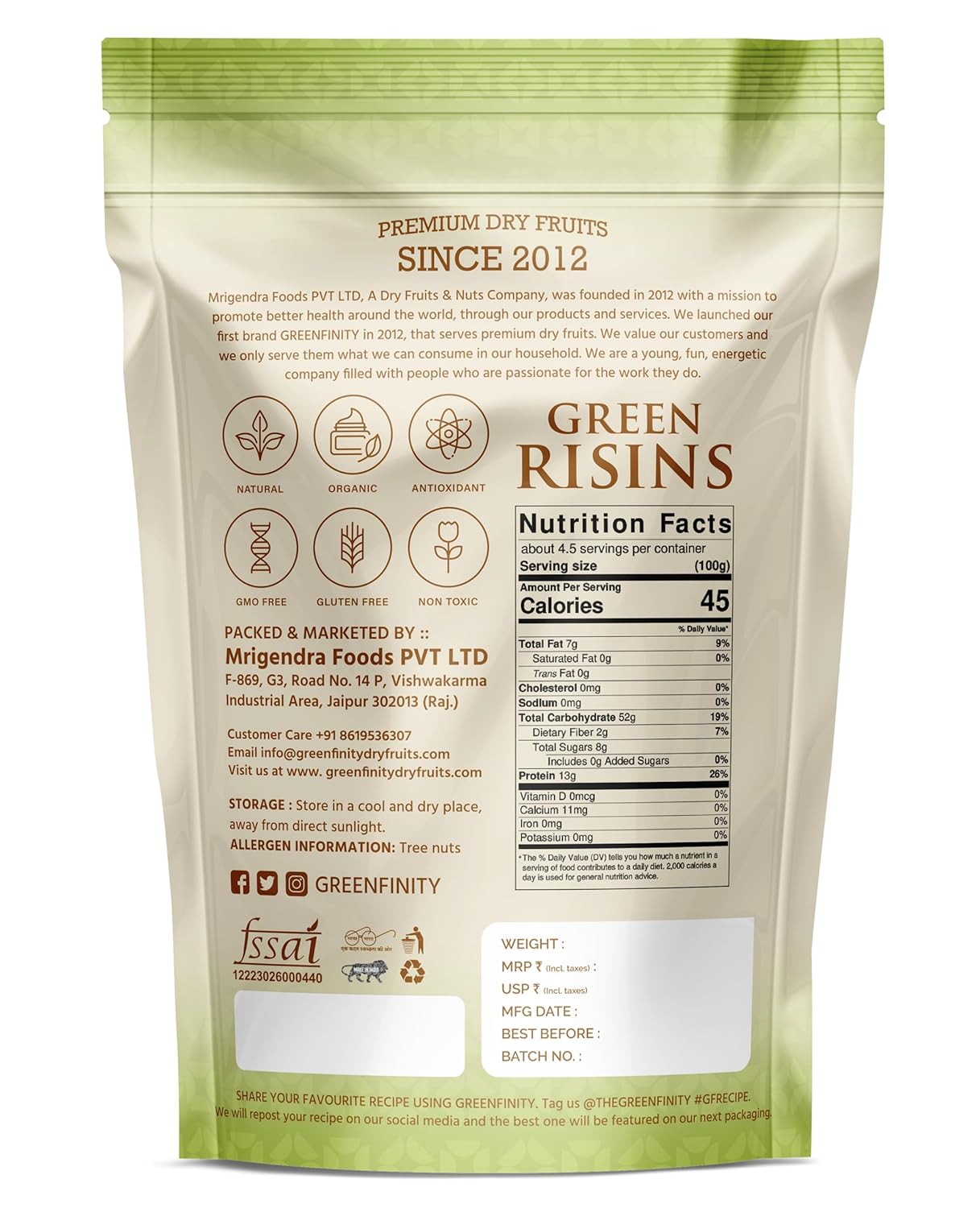 GreenFinity Premium Seedless Green Raisins 500g
