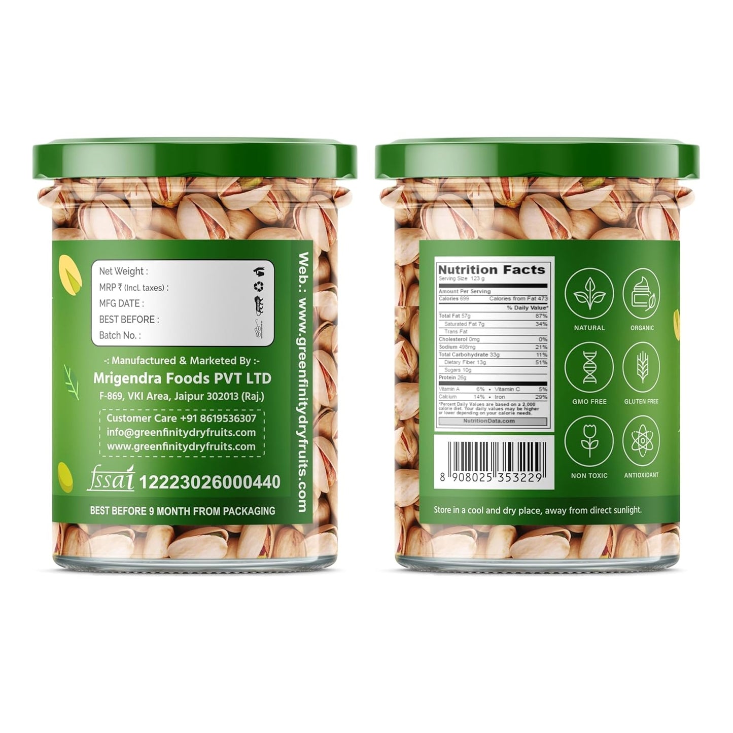 GreenFinity Fresh Whole Roasted Salted Pistachios 200g (Pack of 2)