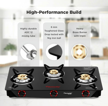 Butterfly Smart 3 Burner Glass Top Gas Stove