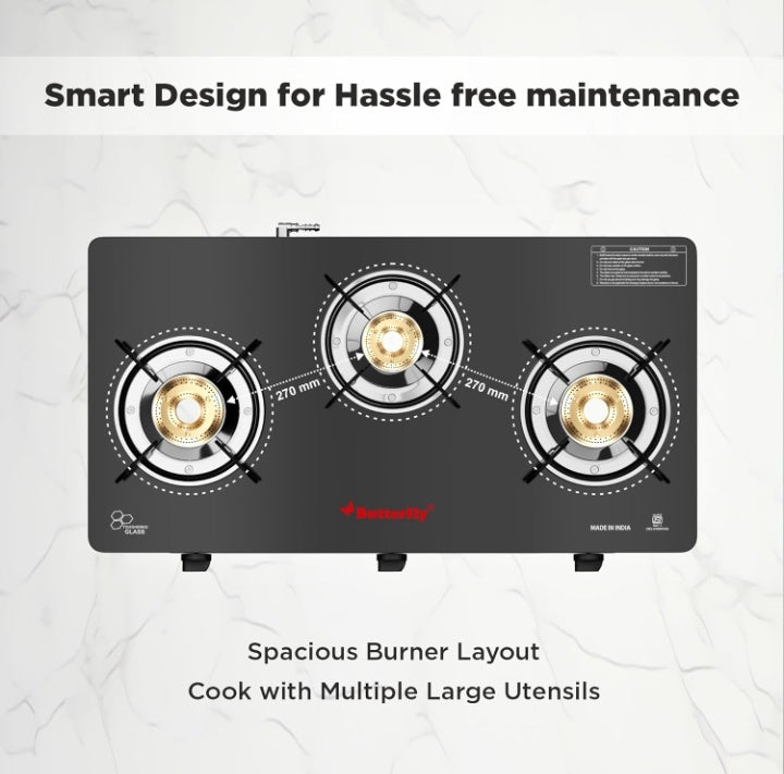 Butterfly Smart 3 Burner Glass Top Gas Stove